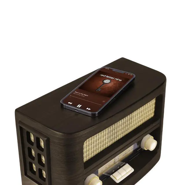 Alt view image 5 of 6 - Vint Vintage Wood Retro Radio | Wireless Charging Pad | AM/FM Radio Speaker with Bluetooth & AUX Input | Mid-Century Modern Design | Handcrafted Ashtree Wood Exterior