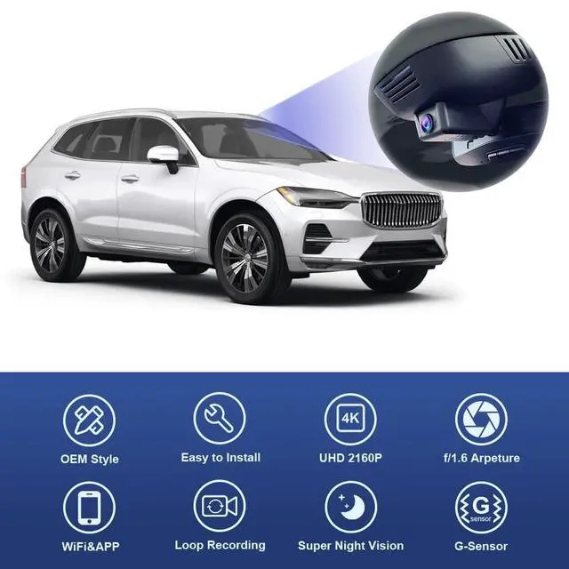 Alt view image 3 of 6 - 4K Dash Cam Suitable for Volvo V90 XC60 S90 2022-2026 B5 B6 T8 (Model B), OEM Factory Look, 2160P UHD Video, Built-in WiFi & APP, Loop Recording, G-Sensor, Easy to Install, 64GB Card