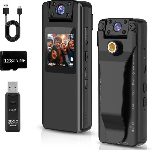 Main image of Body Camera with Audio and Video Recording: 128GB Mini Worn Body Cam with 180° Rotating Lens, 1080P Wearable Bodycam with 9HR Battery Night Vision for Police Law Enforcement,Hiking,Travel,Cycling