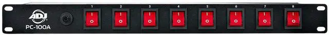 Main image of PC100A power strip single rack space unit with 8 on off lighted toggle switches and 15 amp breaker