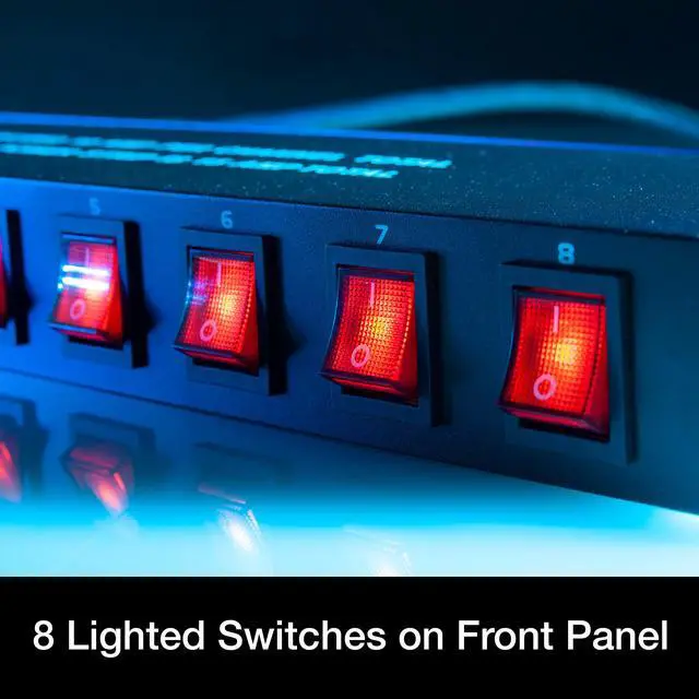 Alt view image 3 of 6 - PC100A power strip single rack space unit with 8 on off lighted toggle switches and 15 amp breaker