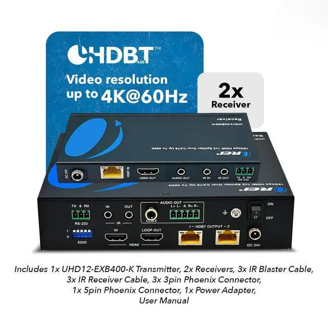 Alt view image 2 of 6 - 4K 1x2 HDMI Extender Splitter HDBaseT Over Single Cable CAT6/7 4K@60Hz 4:4:4 HDCP 2.2 with IR Remote EDID Management, HDR - Up to 400 Ft - Loop Out - Low Latency - Power Over Cable