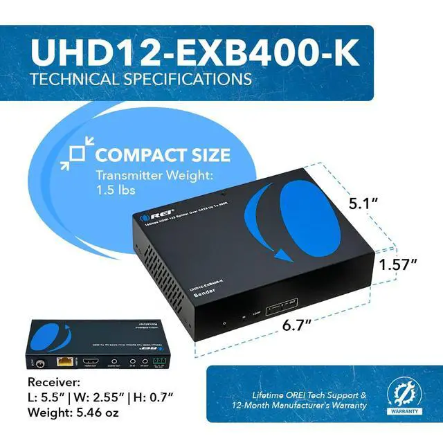 Alt view image 5 of 6 - 4K 1x2 HDMI Extender Splitter HDBaseT Over Single Cable CAT6/7 4K@60Hz 4:4:4 HDCP 2.2 with IR Remote EDID Management, HDR - Up to 400 Ft - Loop Out - Low Latency - Power Over Cable