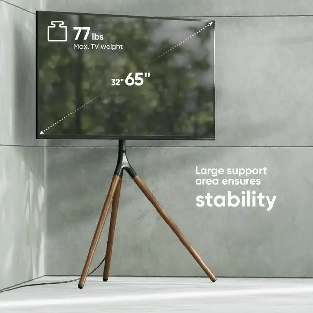 Alt view image 3 of 6 - Easel TV Stand for 32-65 Inch Screen up to 77 lbs, 360° Swivel TV Tripod Stand, Adjustable Height, Corner TV Floor Mount max VESA 400x400, Modern Floor TV Stand with Wooden Legs, Black