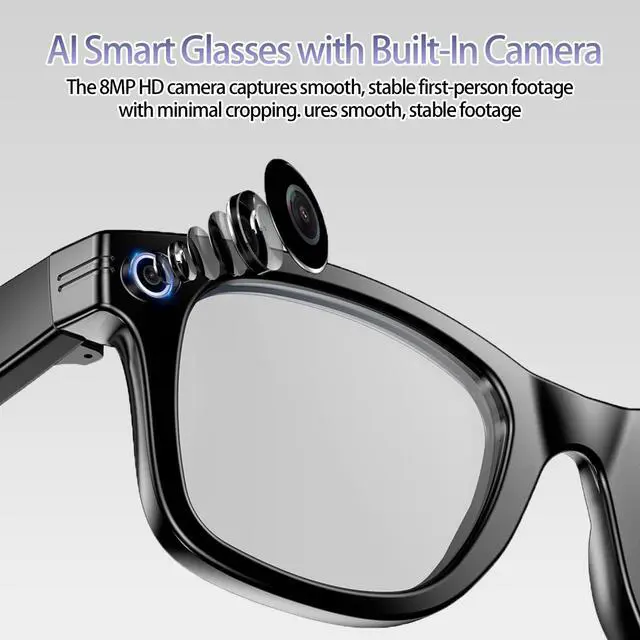 Alt view image 2 of 6 - AI Smart Glasses with 8MP Camera, 1080P Video Recording & Photos, Bluetooth | AI Voice Assistant, Real-Time Translation, Open-Ear Audio, Noise Cancelling Calls & Music, Photochromic +2 Sunglasses Lens