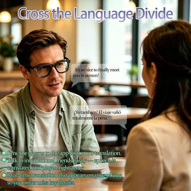 Alt view image 4 of 6 - AI Smart Glasses with 8MP Camera, 1080P Video Recording & Photos, Bluetooth | AI Voice Assistant, Real-Time Translation, Open-Ear Audio, Noise Cancelling Calls & Music, Photochromic +2 Sunglasses Lens