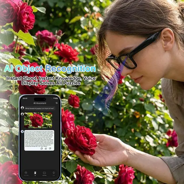 Alt view image 5 of 6 - AI Smart Glasses with 8MP Camera, 1080P Video Recording & Photos, Bluetooth | AI Voice Assistant, Real-Time Translation, Open-Ear Audio, Noise Cancelling Calls & Music, Photochromic +2 Sunglasses Lens
