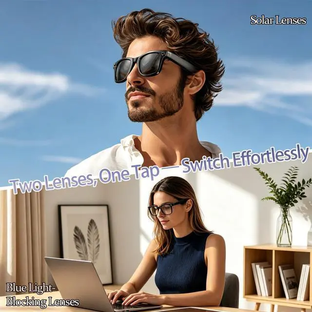 Alt view image 6 of 6 - AI Smart Glasses with 8MP Camera, 1080P Video Recording & Photos, Bluetooth | AI Voice Assistant, Real-Time Translation, Open-Ear Audio, Noise Cancelling Calls & Music, Photochromic +2 Sunglasses Lens