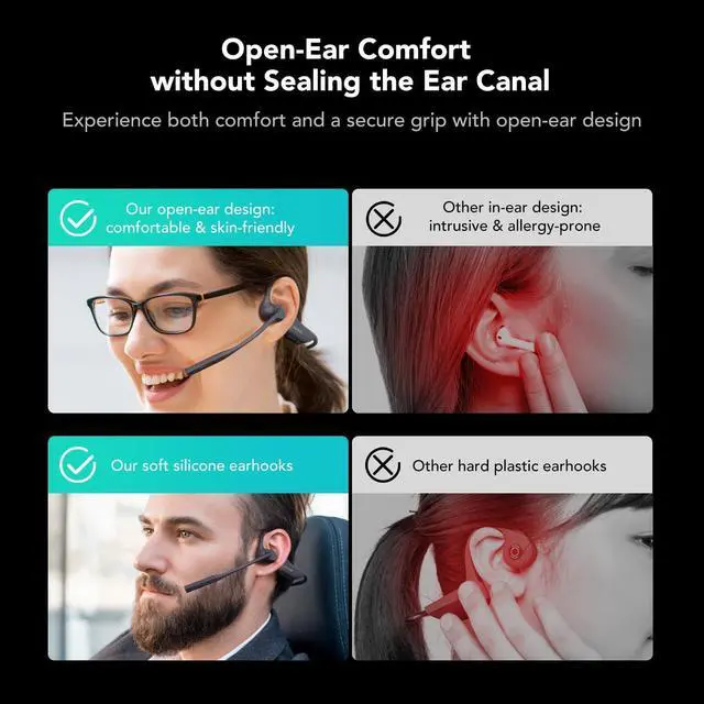 Alt view image 2 of 6 - OpenEar Pro Bluetooth Headphones with ENC Noise Reduction Mic | HiFi 4 DSP, Multi-Point Connection, Soft Silicone, Long Battery Life, One Button Mute, Sweatproof, Portable Headset