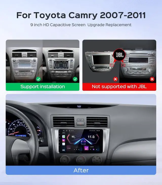 Alt view image 2 of 6 - 64G Car Stereo Radio for Toyota Camry 2007-2011, 9 Inch IPS HD Touch Screen Wireless CarPlay Android Auto/WiFi/GPS/FM/SWC/Bluetooth/1080P Backup Camera