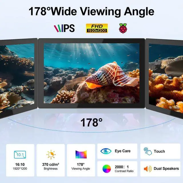 Alt view image 3 of 6 - 10.1 Inch Touchscreen Monitor - 1920x1200 HDMI Touch Screen Monitor, 10-Point IPS 16:10 Rpi Screen Display for Pi 5/4/3/2/Zero/B/B+ Win11/10/8/7 W/VESA,Speaker,Fan,Stand Driver-Free