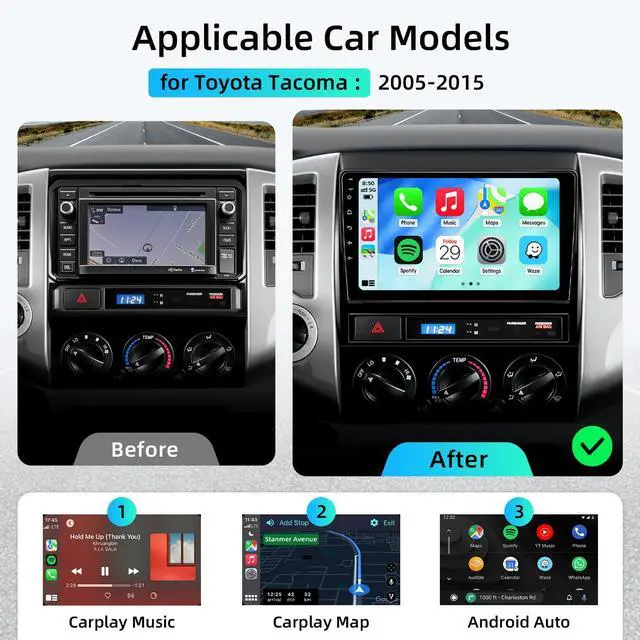 Alt view image 2 of 6 - Car Radio Stereo for Toyota Tacoma 2005-2015 with CarPlay Backup Camera | Android 15 2+64G 9" Touch Screen Radio with Android Auto Bluetooth GPS Navigation