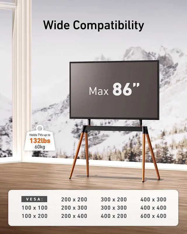 Alt view image 2 of 6 - Easel TV Stand for 32-86 Inch LCD LED Flat or Curved Screen up to 132 lbs, Height Adjustable Tripod TV Floor Stand with Wood Legs and Cable Ties