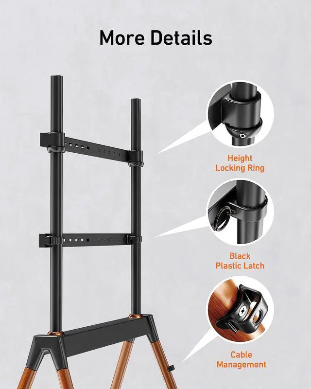 Alt view image 4 of 6 - Easel TV Stand for 32-86 Inch LCD LED Flat or Curved Screen up to 132 lbs, Height Adjustable Tripod TV Floor Stand with Wood Legs and Cable Ties