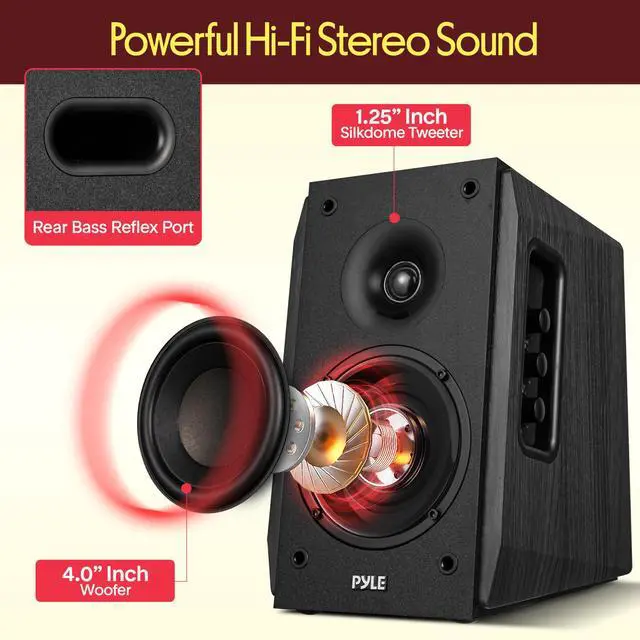 Alt view image 2 of 6 - Powered Bookshelf Speaker System with Bluetooth, 80W Active Stereo Speakers, Bass Reflex Natural Wood Cabinet, Hi Def ARC, Optical, Coax, Subwoofer Out, for Entertainment, Studio (Pair)