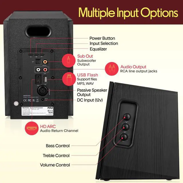 Alt view image 4 of 6 - Powered Bookshelf Speaker System with Bluetooth, 80W Active Stereo Speakers, Bass Reflex Natural Wood Cabinet, Hi Def ARC, Optical, Coax, Subwoofer Out, for Entertainment, Studio (Pair)