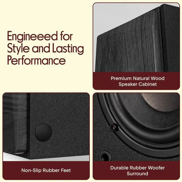 Alt view image 5 of 6 - Powered Bookshelf Speaker System with Bluetooth, 80W Active Stereo Speakers, Bass Reflex Natural Wood Cabinet, Hi Def ARC, Optical, Coax, Subwoofer Out, for Entertainment, Studio (Pair)