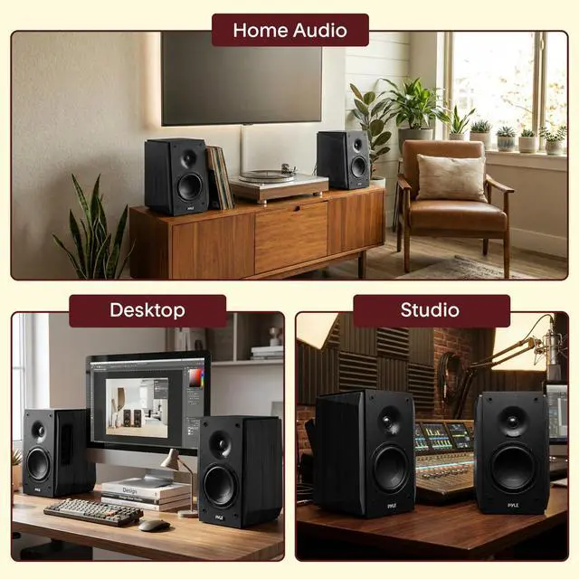 Alt view image 6 of 6 - Powered Bookshelf Speaker System with Bluetooth, 80W Active Stereo Speakers, Bass Reflex Natural Wood Cabinet, Hi Def ARC, Optical, Coax, Subwoofer Out, for Entertainment, Studio (Pair)