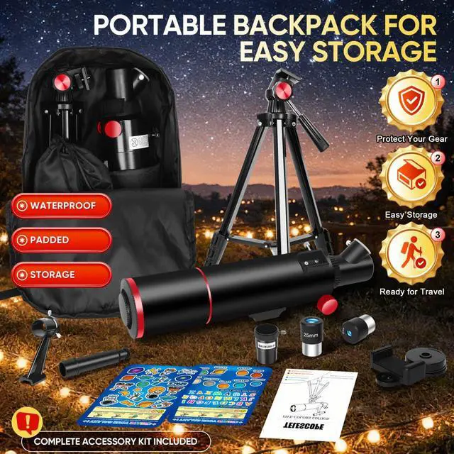Alt view image 6 of 6 - Telescope for Kids & Adults,80mm Aperture 500mm Portable Refractor | High Powered (20X-150X), Astronomy Telescope for Beginners with Tripod, Phone Adapter, Backpack & Stickers (Black)