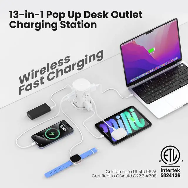 Alt view image 2 of 6 - Pop Up Countertop Outlet with 15W Wireless Charger,4 USB/8 AC | 6FT Cord,Fits 3.15" Hole,30W USB,20W Outlet,Pop up Outlet for Conference Table,Kitchen Island,ETL Listed