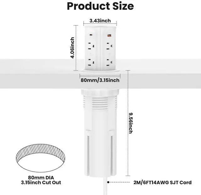 Alt view image 6 of 6 - Pop Up Countertop Outlet with 15W Wireless Charger,4 USB/8 AC | 6FT Cord,Fits 3.15" Hole,30W USB,20W Outlet,Pop up Outlet for Conference Table,Kitchen Island,ETL Listed