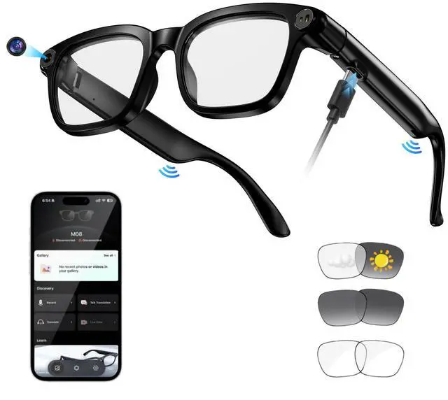 Main image of AI Smart Glasses with Camera, 8MP HD Camera Glasses for Women Men, Video Recording Sunglasses with Voice Assistant, Open-Ear Audio, Real-Time Translation for Life &Work Vlog, Black(3 Lenses)