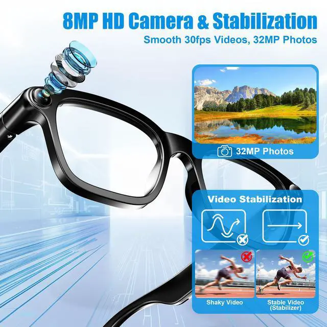 Alt view image 2 of 6 - AI Smart Glasses with Camera, 8MP HD Camera Glasses for Women Men, Video Recording Sunglasses with Voice Assistant, Open-Ear Audio, Real-Time Translation for Life &Work Vlog, Black(3 Lenses)