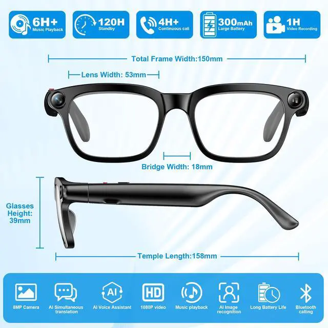 Alt view image 6 of 6 - AI Smart Glasses with Camera, 8MP HD Camera Glasses for Women Men, Video Recording Sunglasses with Voice Assistant, Open-Ear Audio, Real-Time Translation for Life &Work Vlog, Black(3 Lenses)