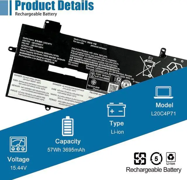Alt view image 2 of 6 - L20C4P71 SB10T83217 5B10W13974 Laptop Battery replacement for Lenovo ThinkPad X1 Carbon 9th Gen 10th Gen X1 Yoga 6th 7th Gen 2021 Series L20M4P71 L20D4P71 L20L4P71 SB10T83216 5B10W13973 5B10W13975
