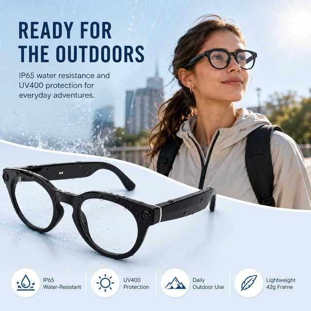 Alt view image 4 of 6 - AI Smart Glasses with 8MP Camera, 6-Axis EIS 1200P Video Recording Bluetooth 5.4 Open-Ear Audio with ChatGPT Translation for Cycling & Vlogging, 42g Lightweight