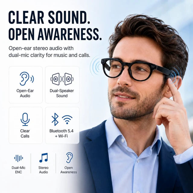 Alt view image 5 of 6 - AI Smart Glasses with 8MP Camera, 6-Axis EIS 1200P Video Recording Bluetooth 5.4 Open-Ear Audio with ChatGPT Translation for Cycling & Vlogging, 42g Lightweight