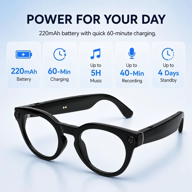 Alt view image 6 of 6 - AI Smart Glasses with 8MP Camera, 6-Axis EIS 1200P Video Recording Bluetooth 5.4 Open-Ear Audio with ChatGPT Translation for Cycling & Vlogging, 42g Lightweight