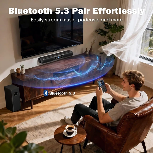 Alt view image 5 of 7 - 3.1ch Sound Bar with 5.25" Wired Subwoofer,Sound Bar for Smart TV 100W Deep Bass,TV-ARC/Optical/Auxiliary /Bluetooth 5.3, Surround Sound System for TV/PC/Gaming/Projectors