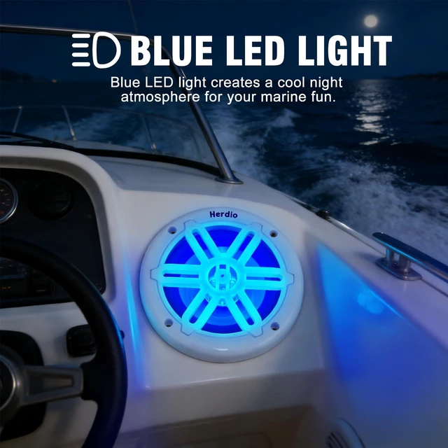 Alt view image 2 of 7 - 8" 450W Marine Speakers - IP66 Waterproof Coaxial Audio, with Blue LED Light for Boats, ATVs, UTVs with UV Resistant White Grille (A Pair)