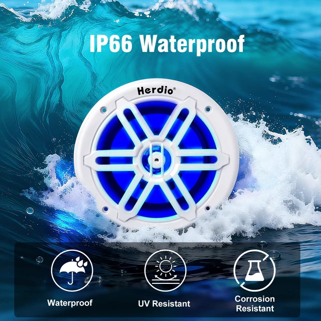 Alt view image 3 of 7 - 8" 450W Marine Speakers - IP66 Waterproof Coaxial Audio, with Blue LED Light for Boats, ATVs, UTVs with UV Resistant White Grille (A Pair)