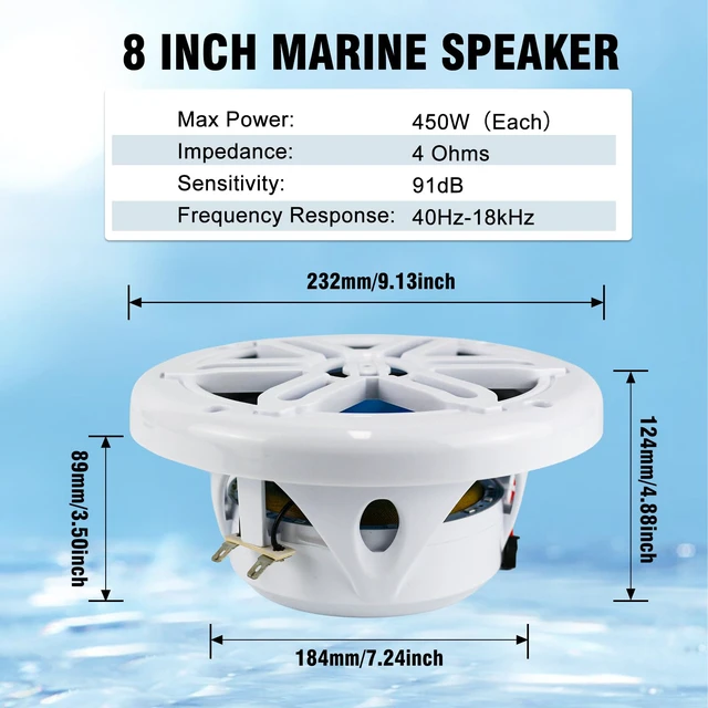 Alt view image 5 of 7 - 8" 450W Marine Speakers - IP66 Waterproof Coaxial Audio, with Blue LED Light for Boats, ATVs, UTVs with UV Resistant White Grille (A Pair)