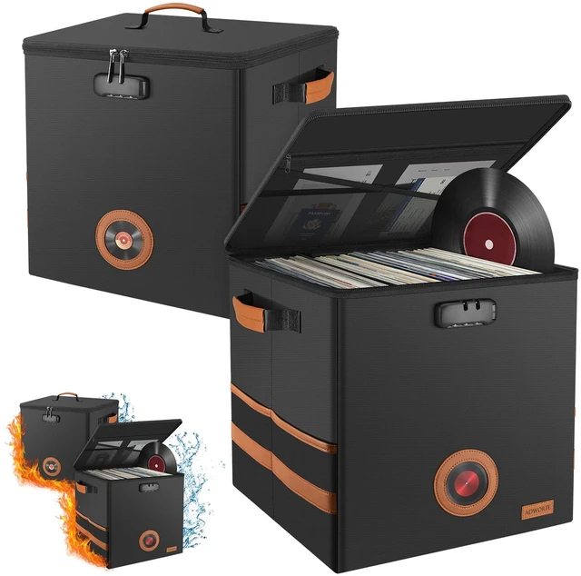 Main image of 2-Pack Vinyl Record Storage Box with Lock, CollapsibleStackable Album Collection Display DIY Box, FireproofWater Resistant LP Record Storage Crate Holds 100+ Records, 7/10/12 Inch Vinyl Record Case