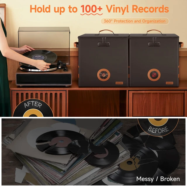 Alt view image 2 of 7 - 2-Pack Vinyl Record Storage Box with Lock, CollapsibleStackable Album Collection Display DIY Box, FireproofWater Resistant LP Record Storage Crate Holds 100+ Records, 7/10/12 Inch Vinyl Record Case