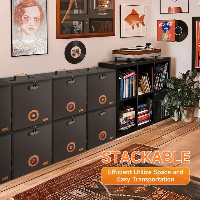 Alt view image 4 of 7 - 2-Pack Vinyl Record Storage Box with Lock, CollapsibleStackable Album Collection Display DIY Box, FireproofWater Resistant LP Record Storage Crate Holds 100+ Records, 7/10/12 Inch Vinyl Record Case
