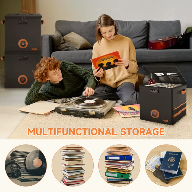Alt view image 6 of 7 - 2-Pack Vinyl Record Storage Box with Lock, CollapsibleStackable Album Collection Display DIY Box, FireproofWater Resistant LP Record Storage Crate Holds 100+ Records, 7/10/12 Inch Vinyl Record Case