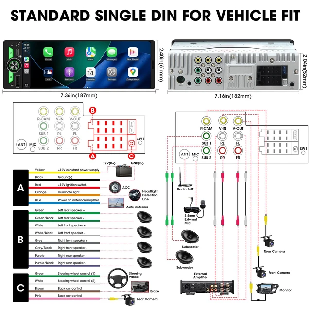 Alt view image 7 of 7 - Single Din Car Stereo CarPlay - 6.5" Wireless Android Auto Radio for Truck Incell Touchscreen Radio Dual Subwoofers 4.2-CHN Outputs PD3.0 Type-C Fast Charge Bluetooth USB SWC
