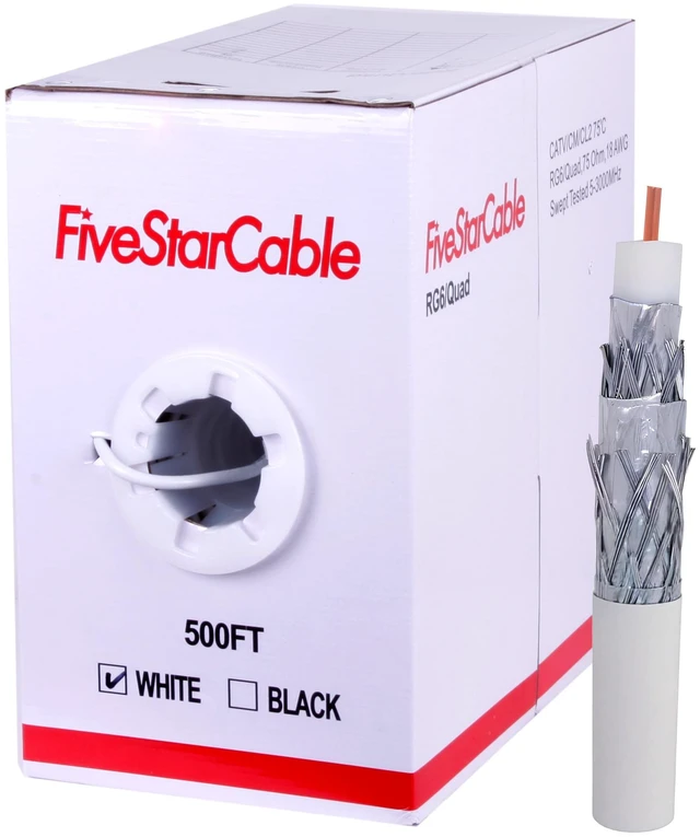 Main image of RG6 500ft Quad Shielded Coaxial Cable - Easy Pull Box, Black & White, ETL, CL2 Rated, 18 AWG, 75 Ohm, for HDTV, Satellite, Cable TV, Internet, and CCTV Installations (White, 500 Ft)