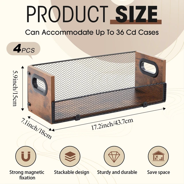 Alt view image 2 of 6 - 4 Pcs Wooden CD Storage Box with Metal Mesh Door, Retro Holder Removable Mesh Panels, Carry Handles, Holds 36 Discs, Rack for DVDs Cases Tapes, Vintage Desktop Organizer