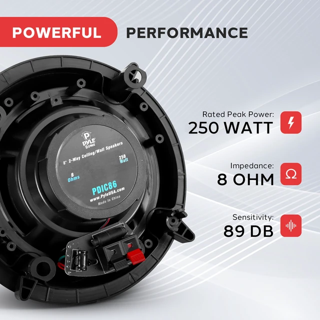 Alt view image 6 of 7 - 8.0" Ceiling Wall Mount Speakers - Pair of 2-Way Full Range Sound Stereo Speaker Audio System Flush Design w/ Electronic Crossover Network 40Hz-20kHz Frequency Response & 250 Watts Peak - PDIC86