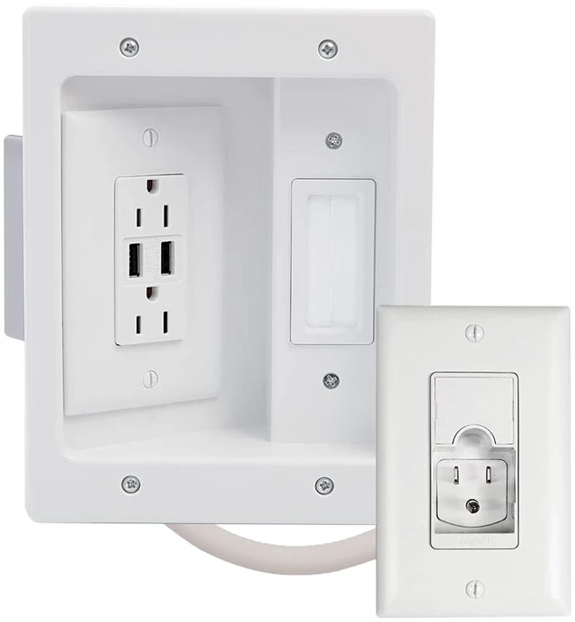 Main image of Legrand OnQ inWall TV Power Kit with Dual USB Recessed TV Wall Box & Cable Management Kit for Hiding Wires, Power Relocation Behind Mounted TVs, Low Voltage Cord PassThrough, White (CPU306WV1)