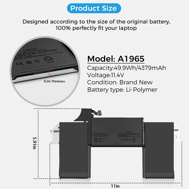 Alt view image 5 of 7 - A1932 Battery,A1965 A2179 Battery Replacement for MacBook Air 13 inch Model A1932 (Mid 2018, 2019) Model A2179 (2020 Release Version) (Upgraded High Performance 11.4V 49.9Wh 4379mAh)