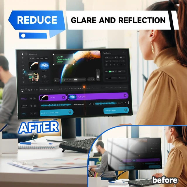 Alt view image 5 of 7 - 2Pack 27 Inch Blue Light Screen Protector for 16:9 Computer Monitor Anti Glare & Scratch Shield, Eye Protection UV Filter Film, Removable Blue Light Blocking Cover For 27" Widescreen PC Desktop