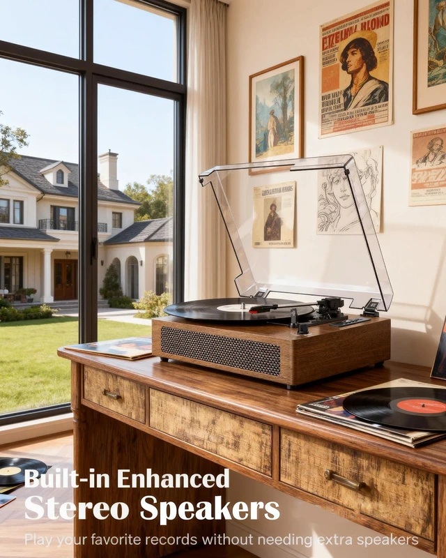 Alt view image 2 of 7 - Vinyl Record Player Extended Size with Bluetooth Playback Built-in Speakers USB Recording, LED Display, 3-Speed Turntable with Premium Wood Case, Vinyl to Digital, AUX-IN,RCA Ouptut- Brown