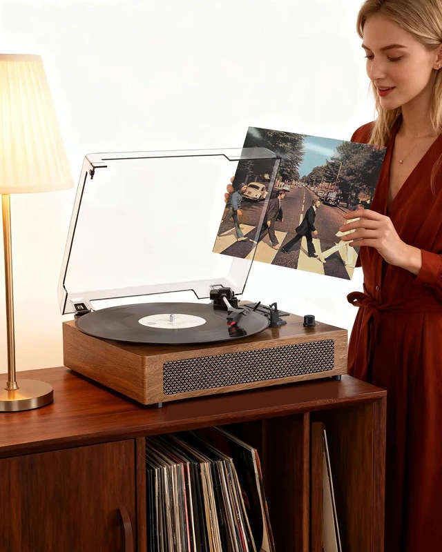 Alt view image 3 of 7 - Vinyl Record Player Extended Size with Bluetooth Playback Built-in Speakers USB Recording, LED Display, 3-Speed Turntable with Premium Wood Case, Vinyl to Digital, AUX-IN,RCA Ouptut- Brown