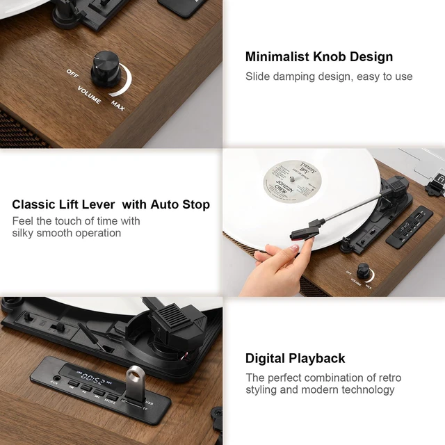Alt view image 4 of 7 - Vinyl Record Player Extended Size with Bluetooth Playback Built-in Speakers USB Recording, LED Display, 3-Speed Turntable with Premium Wood Case, Vinyl to Digital, AUX-IN,RCA Ouptut- Brown